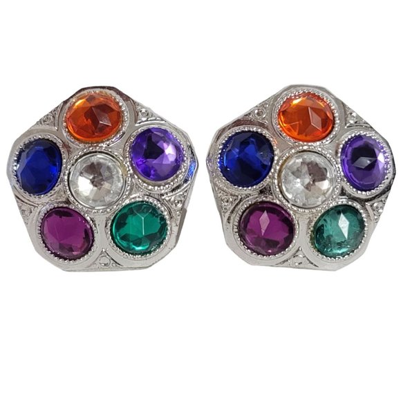 Silver Tone Gilt Style Star Multi Color Plastic Clip-On Earrings E105 - Picture 8 of 8